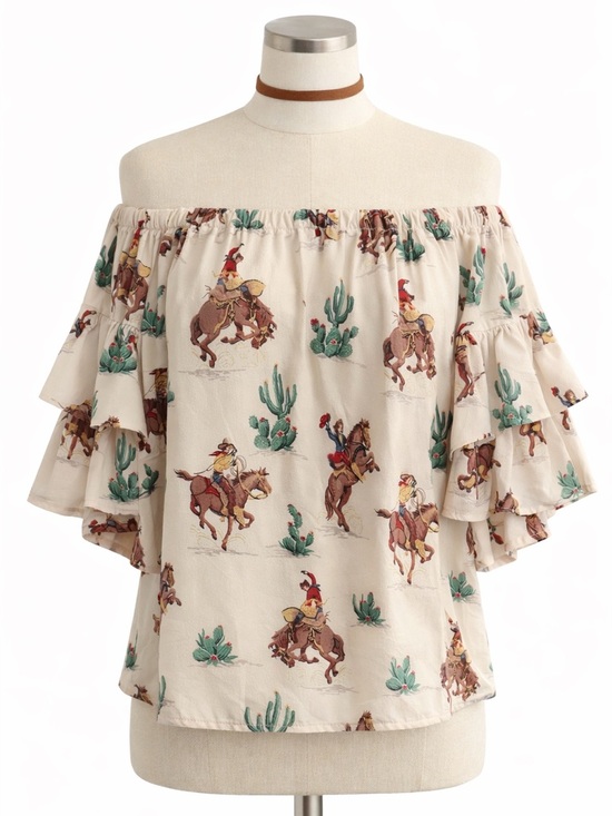 Fashion Express Tops - Western Cowboy Print Off Shoulder Boho Blouse Tiered Ruffle Sleeve Cream Top M